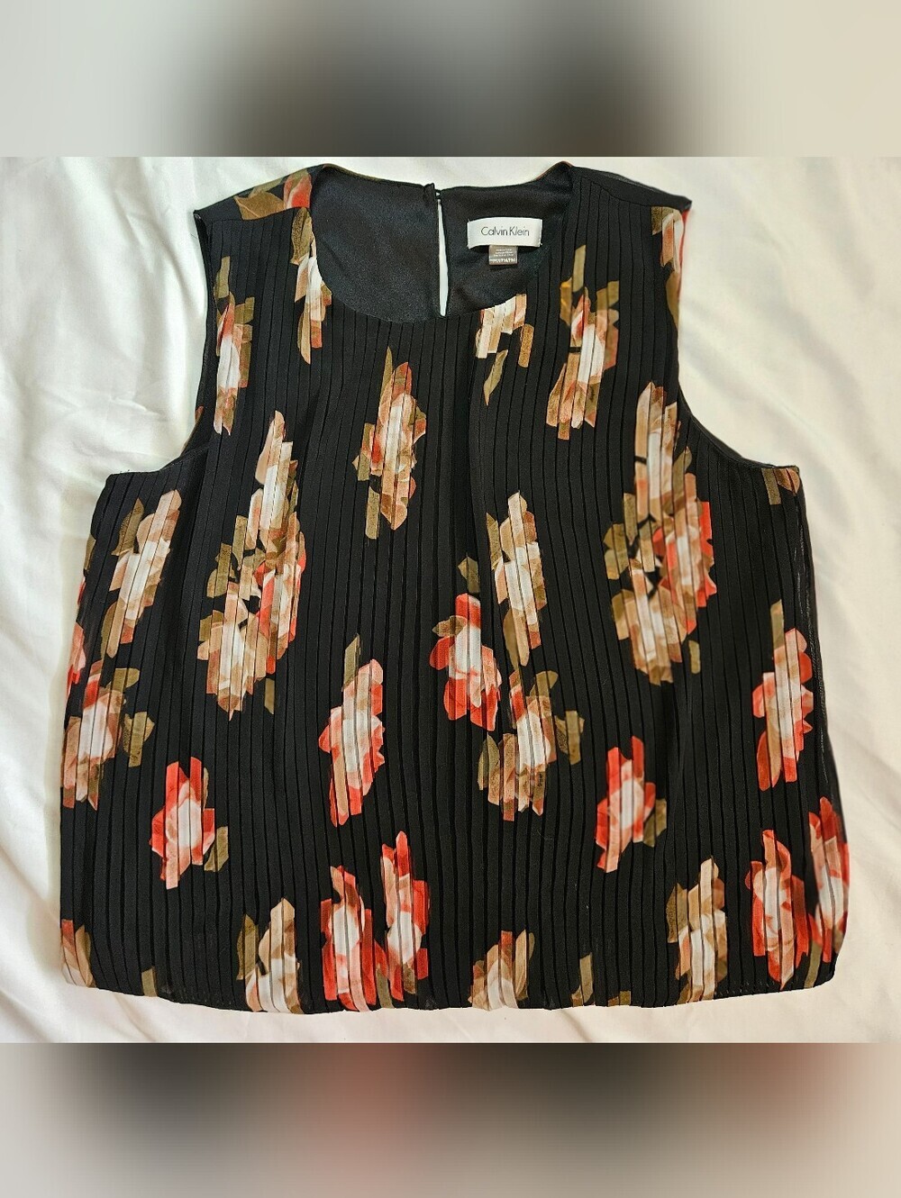 Calvin Klein Womens Black & Multicolor Floral Sleeveless Pleated Blouse Size PM